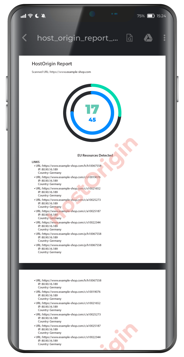 HostOrigin PDF report screen